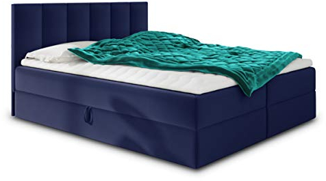 Boxspringbett Star mit Topper, Bonell-Matratze und 2 Bettkästen, Doppelbett, Polsterbett, Bett, Bettgestell, Stilvoll, Schlafzimmer, Velour oder Webstoff (Dunkelblau (Kronos 09), 160 x 200 cm)