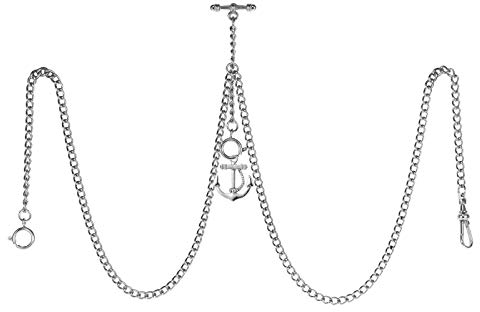 TREEWETO Taschenuhrkette mit T Bar Endstück Gesamtlänge 72cm Doppel Albert T-Bar Taschenuhr Kette mit Antiker Anker-Anhänger und 3 Haken für Weste Knopfloch Silber