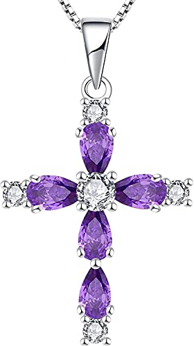 YL Kreuz Kette 925 Sterling Silber Februar Geburtsstein Amethyst Kruzifix Anhänger Geschenke für Damen Mama, 45-48 CM