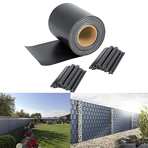 SWANEW PVC Sichtschutzfolie Sichtschutzstreifen 35m x 19cm, Blickdicht Sichtschutz für Doppelstabmatten Zaun, mit 30 Befestigungsclips, für Gartenzaun Balkon, Anthrazit 450g/m²
