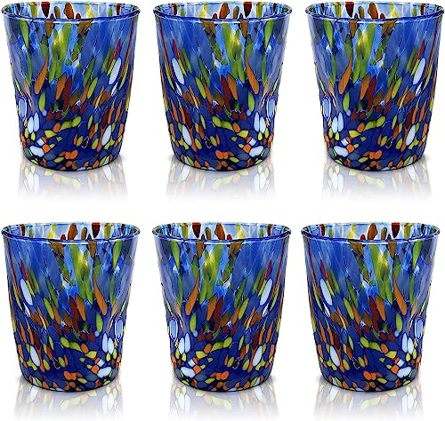 MAZZEGA ART & DESIGN - 6 Bicchieri Tumbler Classic in Vetro Soffiati e Lavorati a Mano con Murrine di Murano, linea “I Colori di Murano” 350 ml. Made in Italy (BLU, 6)