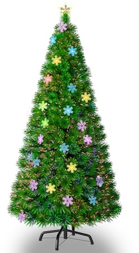 YRHome 210cm Künstlicher Weihnachtsbaum mit Beleuchtung PVC Tannenbaum LED Schneeflocken Glasfaser Farbwechsel Grün Baum Metallständer Dekobaum Kunstbaum Weihnachten mit Metallständer