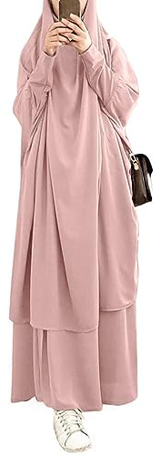 Onsoyours Damen Muslimisches Zweiteiliges Gebetskleid - Maxi für Frauen Abaya Islamischer Naher Osten Dubai Türkei Kaftan Länge Hijab A Rosa Einheitsgröße