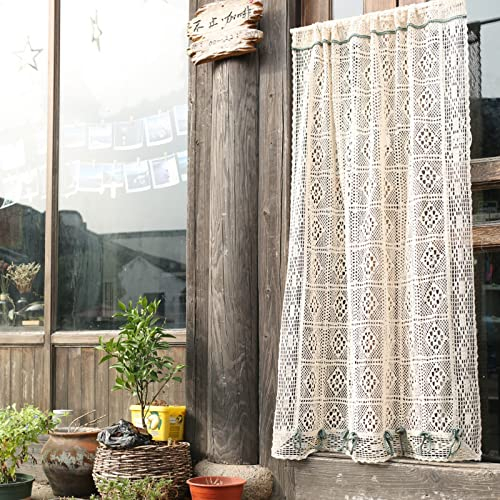 A.Monamour Cortina Cocina Ventana Puerta Corta Pequeña Bohemio Elegante Geométrico De Encaje De Ganchillo Hueco De Algodón Beige Transparente Translúcida Bolsillo para Varilla Panel Cenefa Rustica