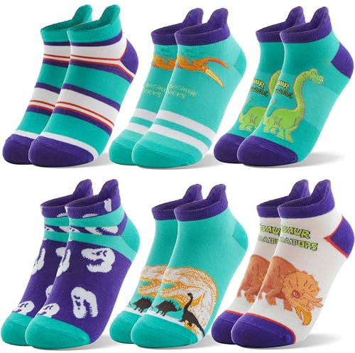 Welwoos Jungen Sneaker Socken Bunte Kurze Kindersocken Cartoon Baumwolle Kleinkind Geschenke Socken 6 Paare (Dinosaurier, 9-14 Jahre)