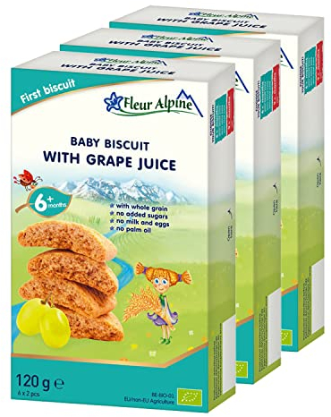 Fleur Alpine Babykekse mit Traubensaft - 18 x 2 Leckere Babysnacks für den leckeren, glatten Frühstücksbrei oder den Snack für zwischendurch | Einfache Vollkorn-Snackkekse ohne Zuckerzusatz | 6 Monate