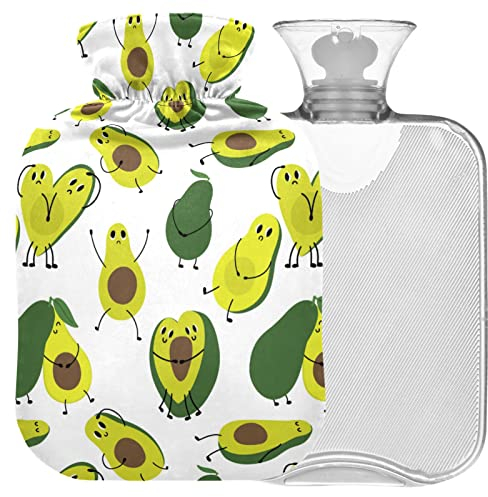 Naanle Cartoon Schöne Avocado Wärmflasche mit Bezug Transparente Warmwasserflasche 2L Große Wärmflasche für Bett Hand Füße Wärmer Schmerzlinderung Wärme und Kältetherapie