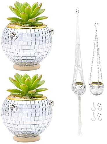 FGBNM 2 Pack Disco Ball Planter, 4 Disco Planter, Silver Disco Ball Plant Hanger with Hanging Rope, Hanging Chain, Hook, Circle and 6pcs Extra Mirror Pieces for Indoor Plants