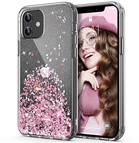 ULAK Glitter Case Compatible with iPhone 12/12 Pro, Clear Sparkly Stars Hard TPU Bumper Back Cover for Women Girls Protective Phone Case Compatible with iPhone 12/iPhone 12 Pro 6.1'', Pink Glitter
