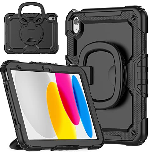 Soyeacrg Funda a Prueba de caídas para iPad de 10,9 Pulgadas,10.ª generación (2022),con Protector de Pantalla,Soporte Giratorio,asa Plegable,Anillo,portalápices,Correa para el Hombro,Black
