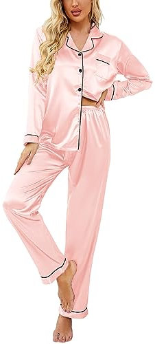 Ekouaer Schlafanzug Damen Lang Seide Pyjama Set Langarm Seiden Schlafanzug Sleepwear Hausanzug Loungewear,Rosa,S