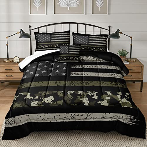 Bedbay Bettwäscheset mit amerikanischer Flagge, King-Size-Größe, Retro-Militär-Tarnmuster, Schwarz, Grau, Armeegrün, Camouflage, USA-Flagge, bedruckt, 3-teilig, King-Size-Bettwäsche-Set (Camo,