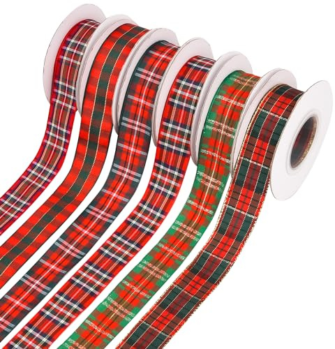 Lezevn 6 Rollen 9,1 m x 25 mm Weihnachten Schottenkaroband Stoff Büffel Plaid Band für Weihnachtsbaumschmuck