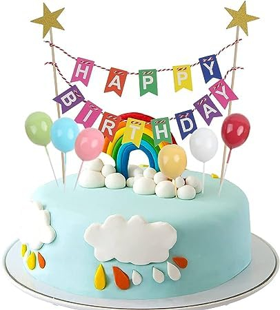 DERAYEE Regenbogen Kuchen Dekorationen Tortendeko,Kuchen Topper Wimpel mit Mini Ballon Sticks und Regenbogen Kuchen Topper Cupcake für Jungen,Mädchen,Geburtstag,Party