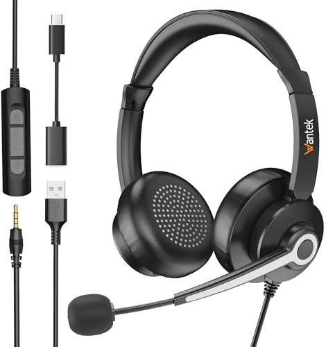 Wantek Cuffie con microfono,USB/Tipo c/3,5 mm jack 3 in 1 Cuffie con Filo PC,con riduzione del rumore e regolazione del volume per Call Center, Skype, Zoom, Home Office, corsi online