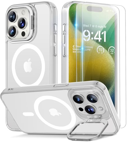 Beeasy für iPhone 15 Pro Max Hülle für MagSafe mit Ständer, Handyhülle mit 2 Stück Schutzfolie für iPhone 15 Pro Max Case Magnetische Stoßfest Schutzhülle Cover, Durchscheinend Matt Weiß