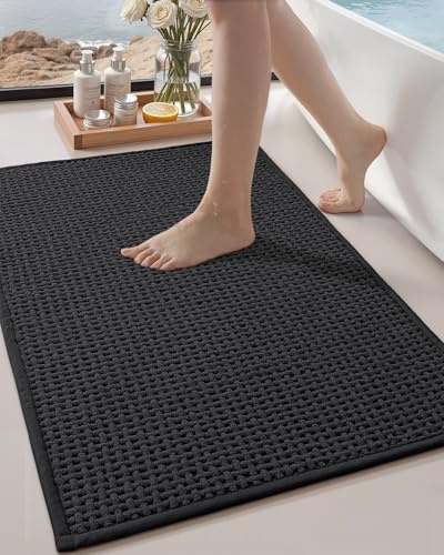 COLOR&GEOMETRY Badematte 60x90cm Schwarz Chenille, rutschfest saugfähig | Gummiboden rutschfest, ultraweich aus Chenille, saugfähig & waschbar Badvorleger für Bad, Dusche, Wanne
