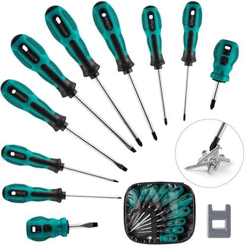 10-teilig Schraubendreher Set mit Magnetischer Spitze, Schraubenzieher Set aus Chrom-Vanadium-Stahl,5 Kreuzschlitzschraubendreher und 5 Schlitzschraubendreher Mit Rutschfest griff und Magnetiseur