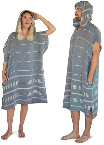 LeStoff Badeponcho - 50% Bio-Baumwolle 50% Hanf - Leicht, Saugstark, Schnelltrocknend, Bio, Strandponcho Kapuze, Handtuchponcho, Surf Poncho, Handtuchkleid, Duschponcho, Umziehponcho (Jeans, S)