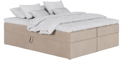 mybed. Boxspringbett ohne Kopfteil Simple Polsterbett mit Bettkasten Creme Matt Velvet 08 Velours Bonnell-Matratze H4 und Topper Doppelbett 180x200