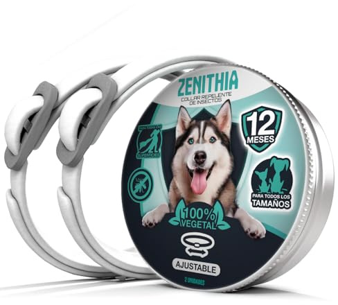 Zenithia Collar Repelente de Insectos, Antipulgas Perros, Garrapatas y Mosquitos -12 Meses Protección-65cm-Ajustable-100% Vegetal-Impermeable- 2 Und
