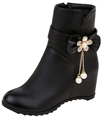 Generico Stivaletti Bassi Donna Invernali Stivaletti Tacco Tacco a zeppa con fiocco in strass in pelle tinta unita donna 'interno di stivali corti alti Anfibi Donna Senza Lacci Winter (Black, 41)