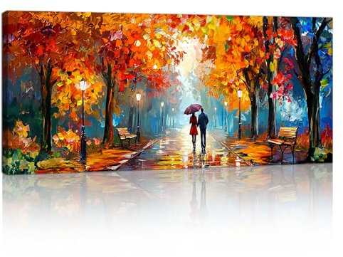 Grande Cadre en Bois Impression Sur Toile Orange Rouge Automne dans le Parc Image Sur Toile Peintures Abstraits d'automne Arbres Mural Tableau Decor Murale Salon Chambre prêt accrocher 50x120cm