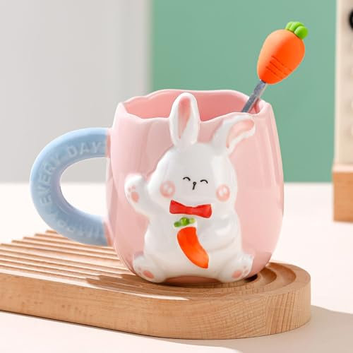 Tasse de Pâques - Tasse lapin avec cuillère à carotte - Cadeau de Pâques - Tasse mignonne - Tasse en céramique de Pâques - Tasse en céramique 3D - Motif lapin - Café - Thé - Lait - Pour Pâques et