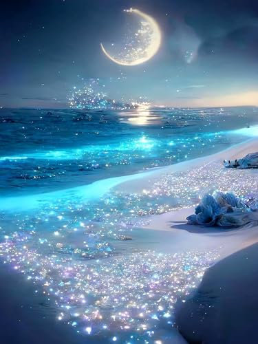 Glitzer Mond und Strand Landschaft,5D Diamond Painting Set für Erwachsene und Kinder,DIY Vollbohrer Diamond Painting Kit für Anfänger,Bastelset für Wohnzimmer und Schlafzimmer Wanddekoration(30x40cm)