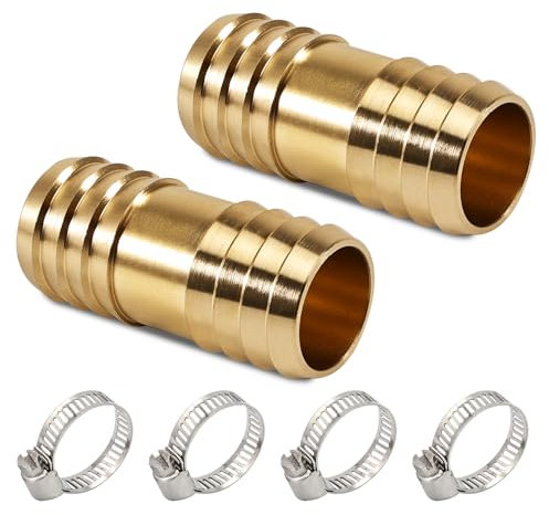 2 Stück Messing Schlauchverbinder, G1/2(13mm) Messing Schlauch Anschluss, 1/2 Zoll Gerader Widerhaken Verbinder mit Schlauchschellen, 2 Wege Schlauchverbinder für 1/2 Zoll Gartenschlauch