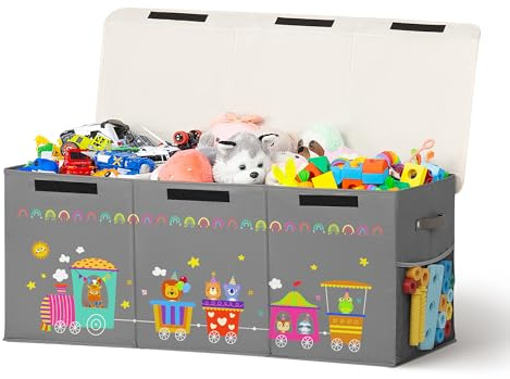 ADEHMDA Large Toy Box, Toy Box Storage with Lid, Collapsible Sturdy Toy Chest Box for Kids, Girls and Boys, Nursery Room and Living Room, 39.5x13 x16(grey-train)