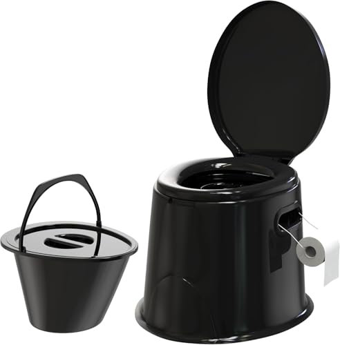 Lightweight and Portable 5L Camping Toilet with Seat, Lid, Handles Washable Basket and Roll Holder Compact Potty Loo Waste for Indoor and Outdoor Loo Caravan Picnic Pool Party and Festivals Black