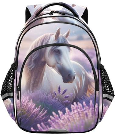 CHIFIGNO Wunderschöner Kinder-Rucksack mit reflektierenden Streifen, Büchertasche für Mädchen, Jungen, leichter Studentenrucksack mit Pferdemotiv, Schönes Pferd, violettes Lavendelfeld, Medium