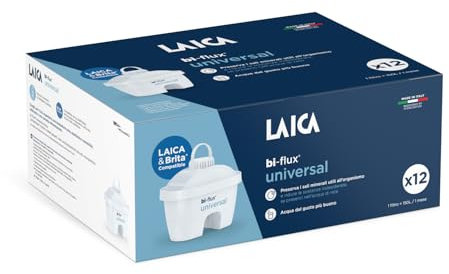 LAICA bi-flux® universal Filtro per Acqua - Compatibile con Caraffe Brita* - Preserva i Sali Minerali e Riduce Cloro e Metalli Pesanti - 12 Mesi di Acqua Filtrata (12 Filtri x 150L) - Made in Italy