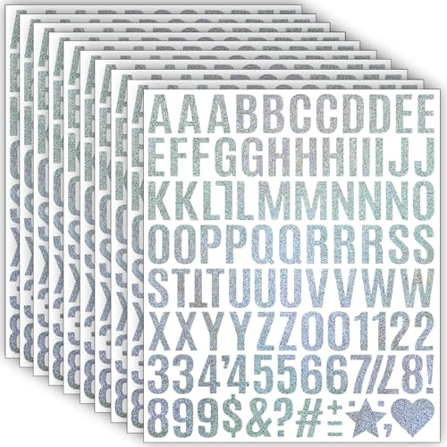 980 Stücke Glitzer Selbstklebende Buchstaben Aufkleber,10 Blätter Wetterfeste Vinyl Alphabet Nummern Sticker (2.5 cm), Klebebuchstaben für DIY Scrapbooking, Grußkartendekoration,Geschenk (Silber)