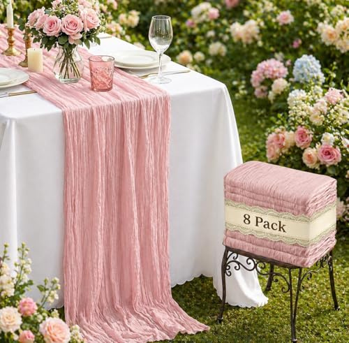 FAVE Lots de 8 Chemin de Table Tissu Fromage Rose 300 cm | Tissu Fromage Boho, Lavable et Réutilisable - Mariage, Baby Shower, Fête, Banquet