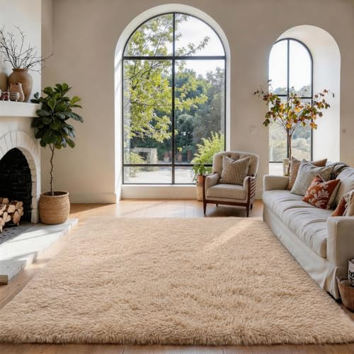 SOANNY Rugs Living Room, Soft Fluffy Shaggy Carpet Beige, 160x230cm