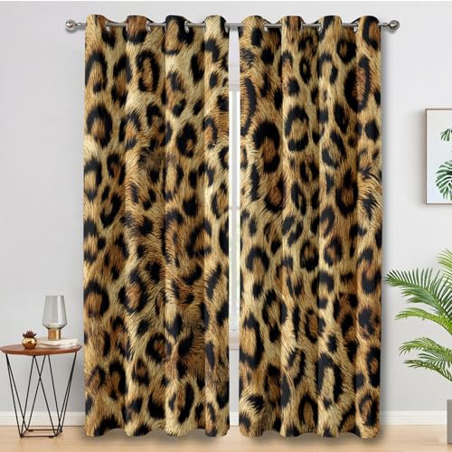 Generisch Vorhänge Leopard Wohnzimmer Fenster, Blickdichte Gardinen Tierdruck Gepard Schlafzimmer Deko, Thermo Verdunklungsvorhänge mit Ösen 2er Set, H 166 x B 75 L-C&23