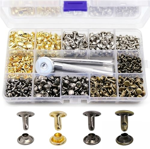 480 PCS Leather Rivets Kit, Multicolor Metal Double Cap Rivets 3 Sizes Tubular Studs Rivet with Punch Tool and Fixing Tool for Clothes Shoes Jackets