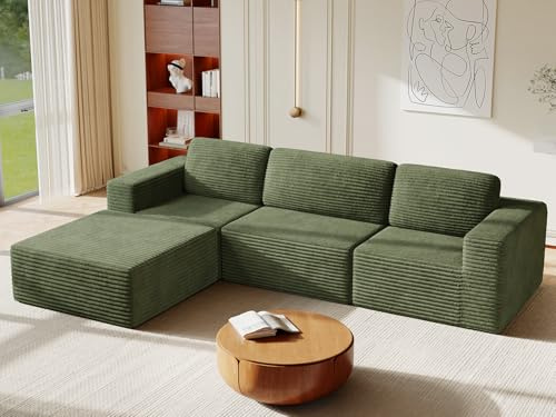Vesgantti Modulares Cord-Ecksofa in Grün, 303 cm L-Form mit Schlaffunktion, Federkern und extra tiefer Sitzfläche, Flexibles Design mit beweglichem Fußhocker, kein Aufbau nötig