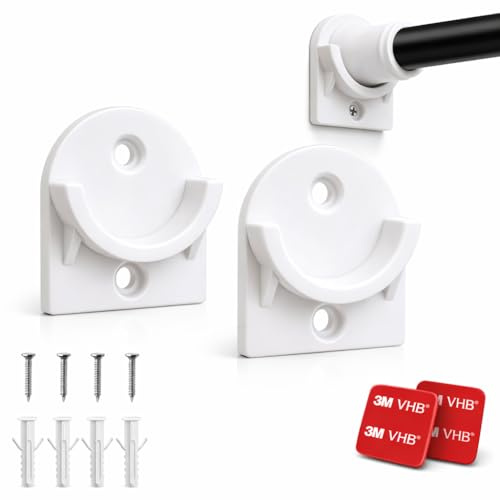 2 PCS Shower Curtain Pole Holder, Universal Shower Rod Bracket with 3M Adhesive - No Drilling, Shower Curtain Rod Mount with Screws for Bathroom Bedroom Wardrobe - WHITE