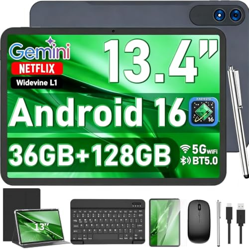 13 Inch Tablet, Android 16 Tablet with Keyboard, 32GB+256GB+2TB Expand, 120Hz 1920x1200 IPS Display, Gemini AI, 10000mAh, 8-Core, Wi-Fi, GPS, Large Screen 2K Tablet PC with Case, Mouse, Stylus(Black)
