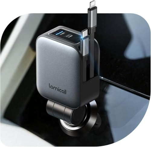 Lamicall 4-IN-1 Retractable Car Phone Charger - [2 Retractable Cable] [50% Smaller] 75W Cigarette Lighter USB Charger Adapter with Type-C & iPhone Cable/USB-C/USB-A, 12V/24V Socket for iPhone/iPad/S26