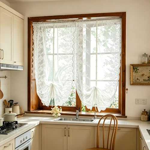 Gualiy Scheibengardinen Kurz Spitze, Bistrogardine 2er Set H 100 x B 80 cm mit Kordelzug Weiß Stickerei Halbtransparent Kurzgardine für Küche, Schlafzimmer, Café