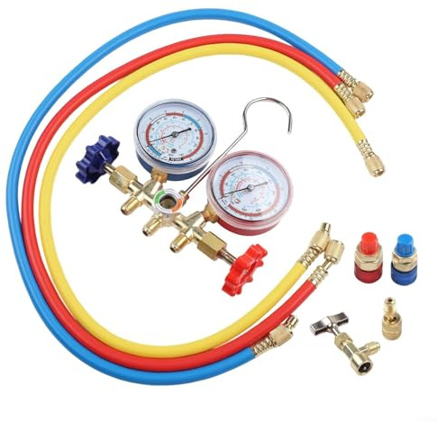 Manomètre Collecteur de Climatisation Compatible R410A R32 R404A R134A, Kit d'Outils de Test avec 3 Tuyaux Colorés et Crochet, Jauge en Laiton pour Maintenance Frigo et Auto, 80 cm(A)
