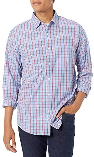 Amazon Essentials Men's Regular-Fit Long-Sleeve Casual Poplin Shirt, Light Blue Red Plaid, L