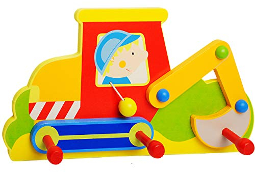 alles-meine.de GmbH Garderobenhaken - Bagger/Kran - Baustelle - aus Holz - 31 cm - groß - Wandhaken/Kindergarderobe - mit 3 Kleiderhaken - Kind Wandgarderobe - Haken - Ei..