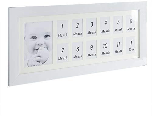 ROCKING GIFTS Marco de Fotos Bebe Madera, Multiple 12 Meses Primer Año, 65x30 cm Blanco, Portafotos Multifotos Recien Nacido, Collage Pared Mesa, Decoración Habitación Infantil, Regalo Original