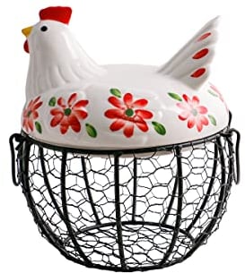 Kitchen Storage Metal Wire Egg Basket with Ceramic Farm Chicken Cover Fresh Egg Holder/Organizer Case/Container