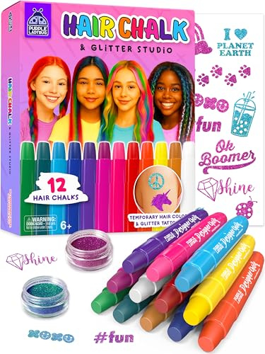 Hair Chalk for Girls, 12 Temporary Hair Dye, Washable Chalk Pens for Kids | Glitter and Tattoos Included, Teen Tween Dress Up Accessories for Birthday, Halloween, Christmas & Party for Girls Ages 6-12